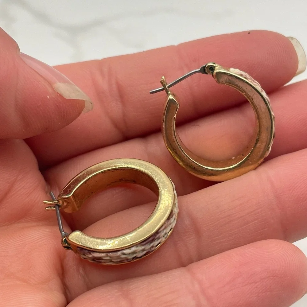 Vintage Gold Tone Hoop Earrings with Woven Style Enamel Detail Snap Closure Boho